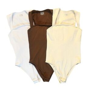 OQQ Women's 3 Piece Sexy Ribbed Square Neck Tummy Control Bodysuits Medium